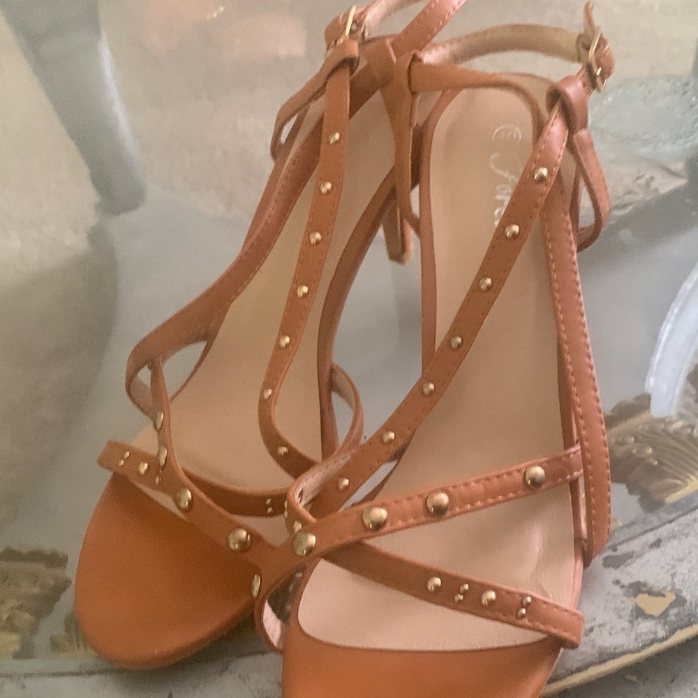 Qupid Tan Strappy Studded Heeled Sandals